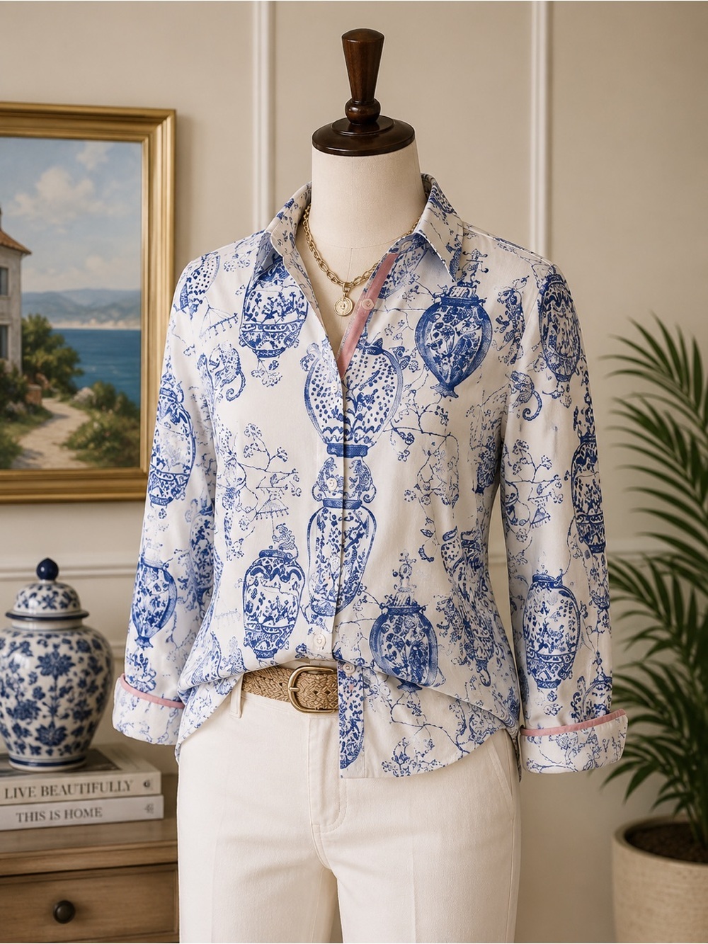 Tizzie Blue & White Monkey Vase Print Button-Up Shirt with Pink Trim.  SZ XS